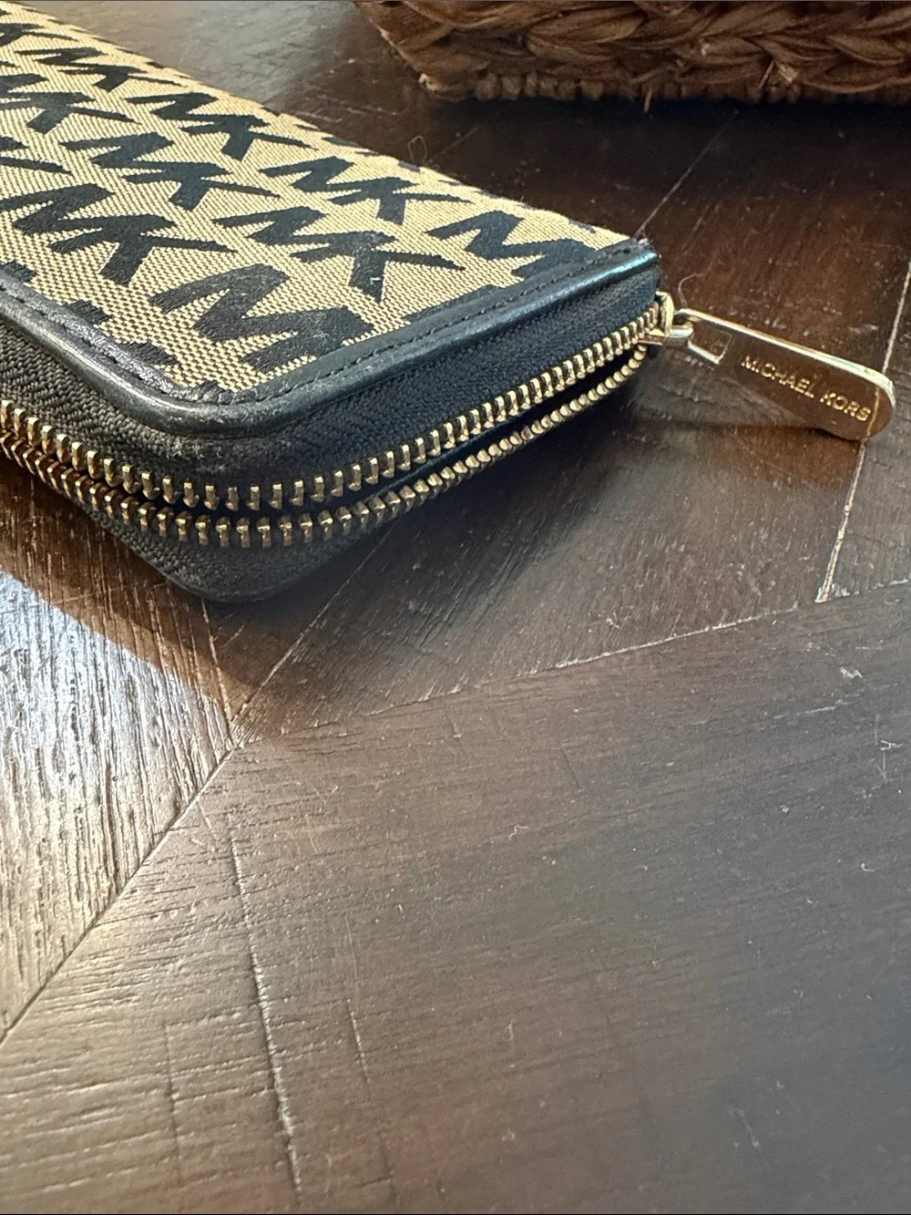 Michael Kors Black & Tan Logo Zip Wallet with Gold Plate